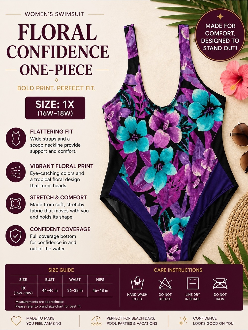 Pacific Connections Floral One-Piece Swimsuit - Purple & Teal 1X